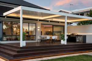 Backyard elevated pool deck under pergola