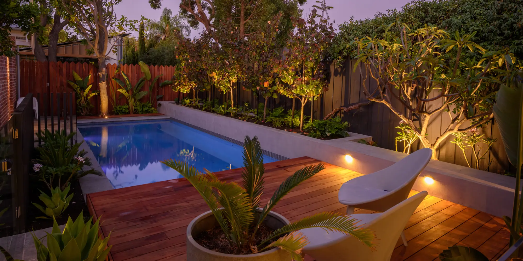 dark wood pool deck at night